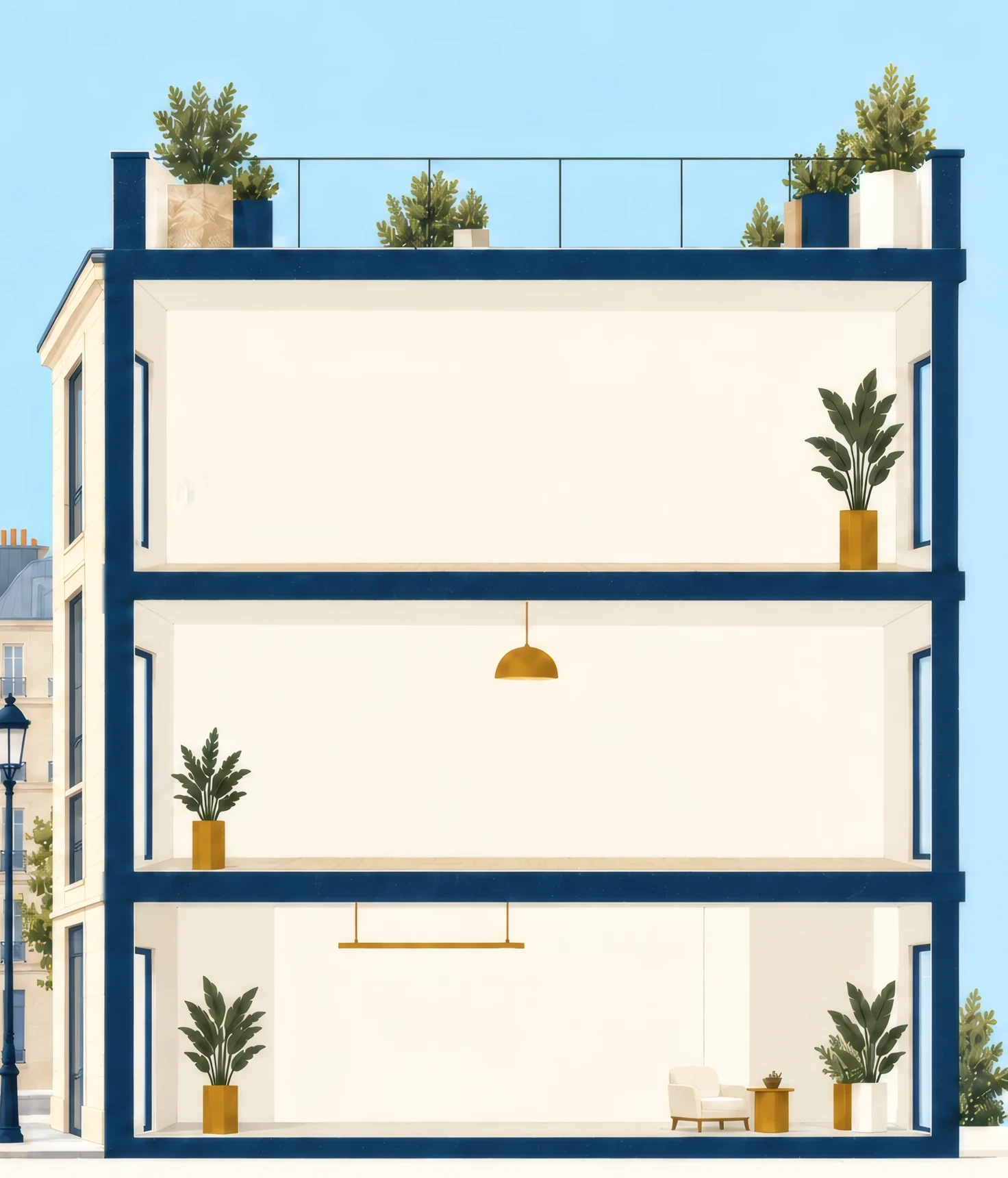 Le siège de Gecina en coupe : un plateau de bureaux, une salle de réunion, un accueil et une terrasse sur le toit.