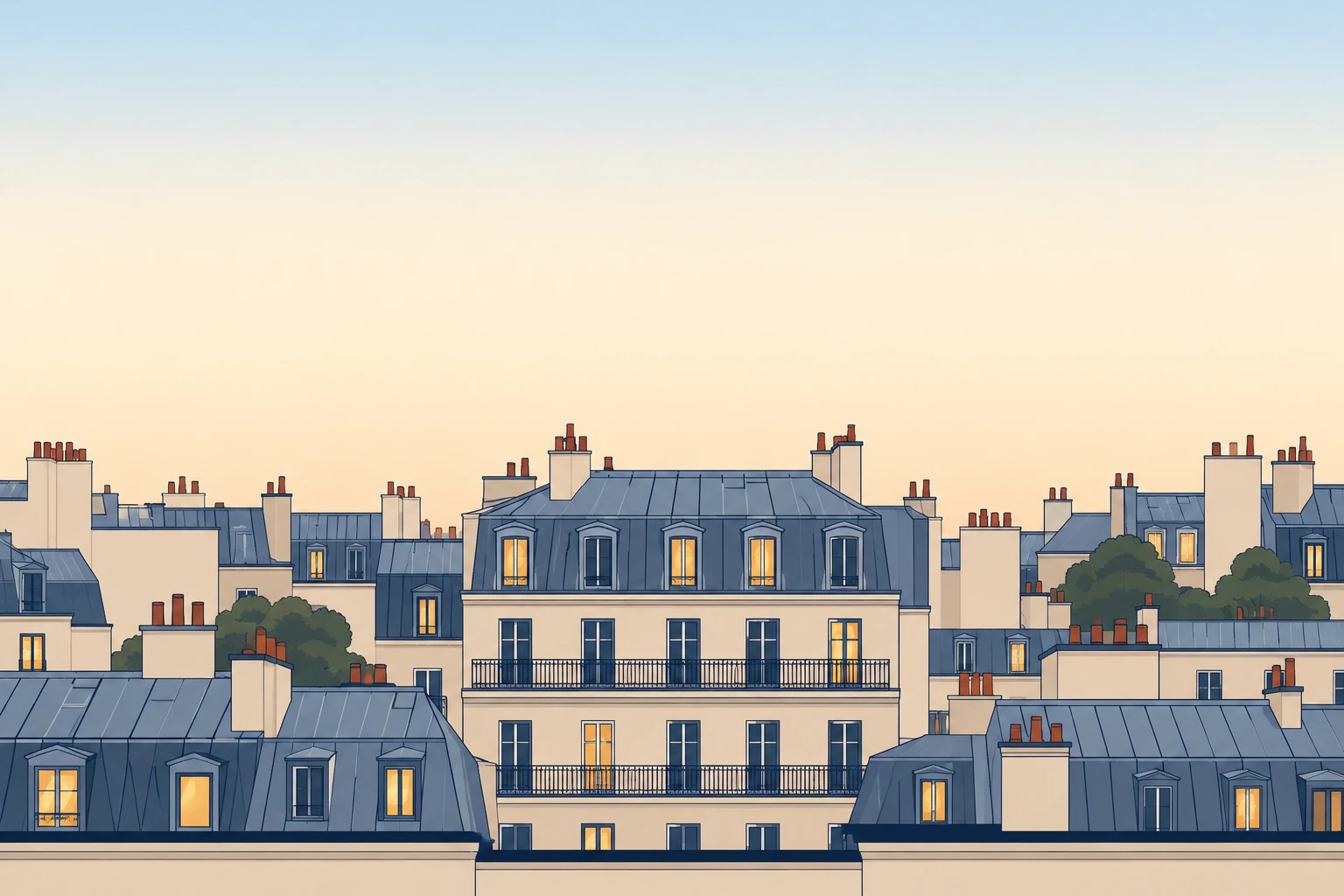 Les toits de Paris au soir, quelques fenêtres allumées.